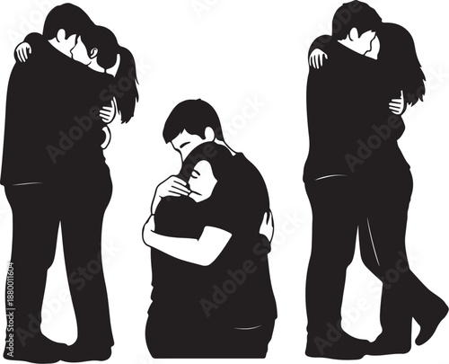 Three black silhouettes of people embracing and crying in different poses on a white background also transparent background