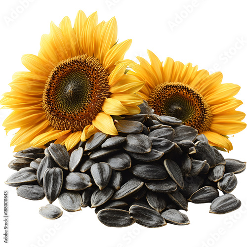Two sunflowers over a pile of seeds
