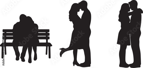 Three Silhouettes of Couples in Romantic Poses on a Bench and Standing also transparent background