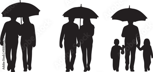 Three Silhouettes of People Holding Umbrellas in the Rain also transparent background black
