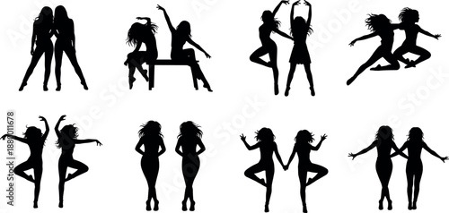 Dynamic Silhouette Set of Two Young Women Dancing and Posing in Various Artistic Styles for Fitness Fashion and Lifestyle Design