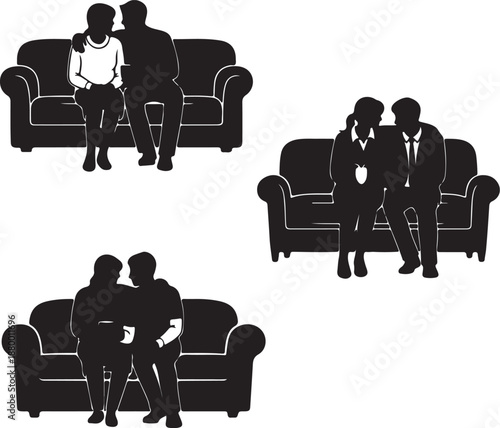 Three Silhouettes of People Sitting on Couches in Different Scenarios also transparent background casual