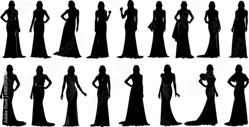 Elegant Woman Formal Evening Gown Silhouette Set Professional Fashion Illustration for Gala Wedding Party Red Carpet Events Vector Design Elements