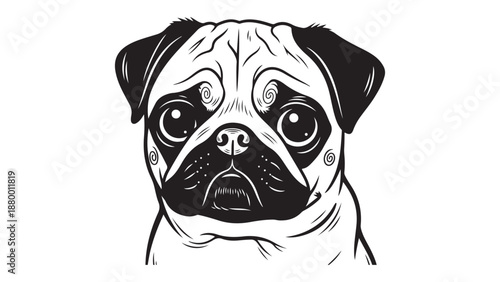 Cute pug dog face illustration in black and white