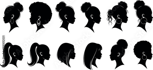 Set of elegant black woman silhouette profiles with various natural hairstyles afros buns and ponytails for beauty and fashion design