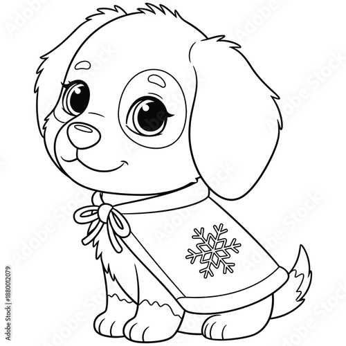 Cute Winter Puppy Illustration in Cozy Cape | Adorable Cartoon Dog Line Art for Coloring Pages and Holiday Designs
