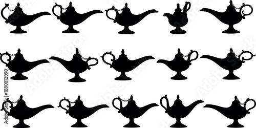 Set of fifteen magic genie oil lamp silhouettes in various shapes for Arabian nights fairy tale stories and mystical illustrations