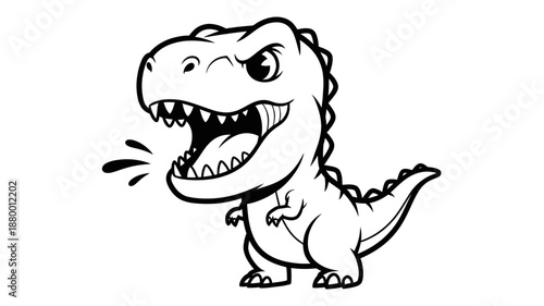 Black and White Roaring Cartoon Tyrannosaurus Rex Dinosaur Vector Illustration