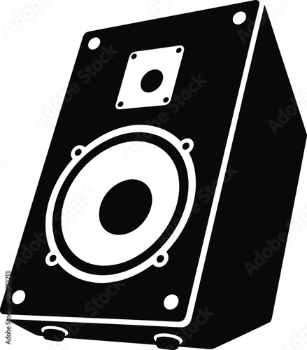 A black and white graphic illustration of an audio speaker box for music and sound