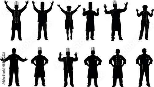 Set of professional chef silhouettes in various poses including celebrating with arms raised, hands on hips, and welcoming restaurant hospitality