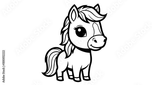 Cute Cartoon Pony Horse Black and White Outline Vector Illustration