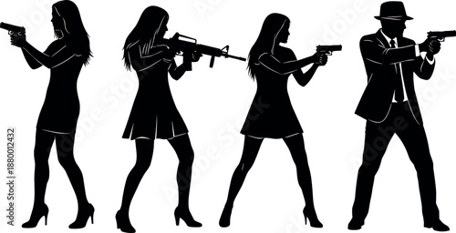 Silhouetted Secret Agents and Assassins in Action Poses Carrying Handguns and Assault Rifle for Spy Thriller and Crime Concept Vector Illustration