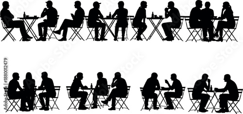Silhouettes of People Sitting at Café Tables Outdoors Socializing Drinking Coffee and Talking Set of Vector Figures on White Background