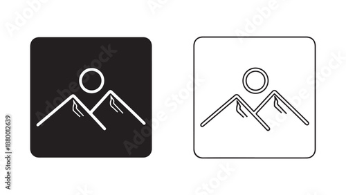 Minimalist mountain hiker icons in square frames