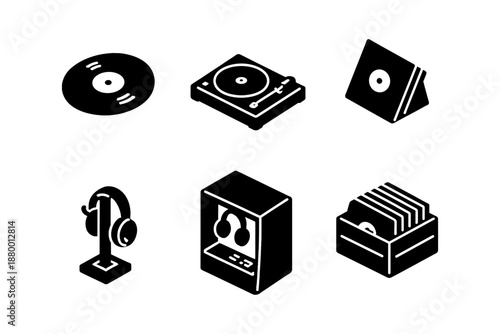 Retro music icons in isometric black silhouette style featuring records and dj equipment