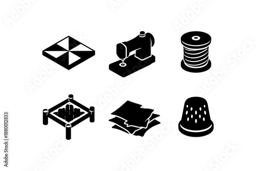 Isometric sewing tools: machine, spool, thimble, fabric, button icons