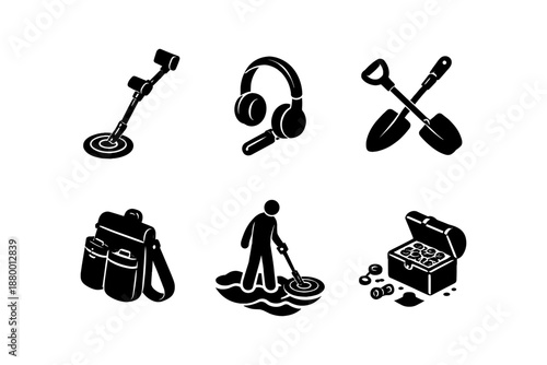 Treasure hunting icon set featuring metal detector and tools