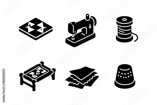 Sewing and quilting icons: isometric set with sewing machine, thread, thimble