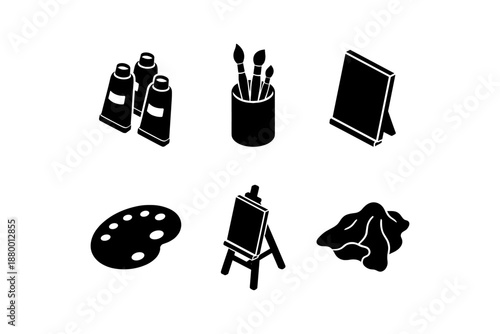 Essential art tools icons: easel, paint tubes, brushes, palette