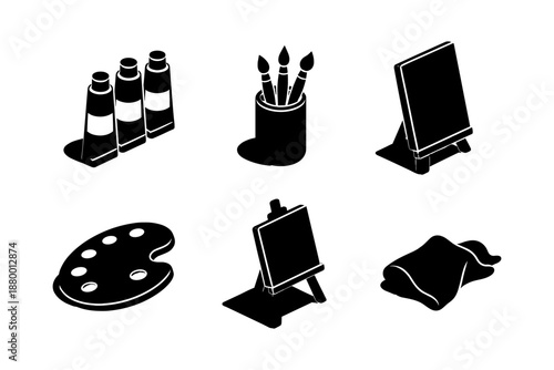 Isometric art supplies collection: easel, paintbrushes, palette, paint tubes