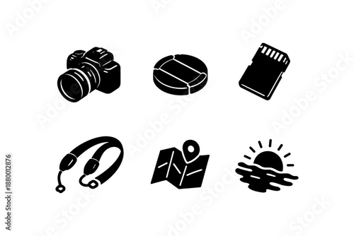 Set of travel icons: camera, headphones, map, sunrise, sd card, life buoy