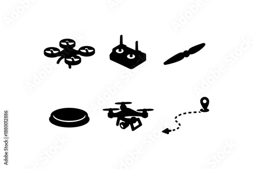 Set of drone icons: remote control, propeller, camera drone, flight path