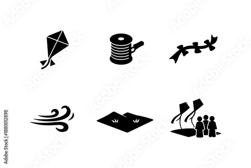 Silhouette icons of kite flying elements and wind symbols for outdoor activities