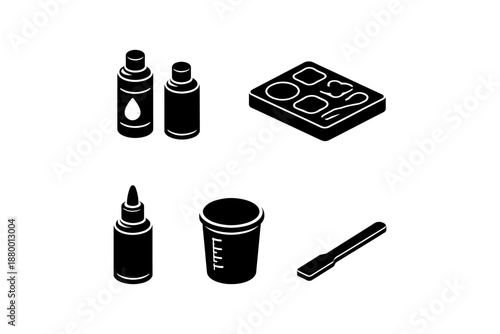 Minimalist isometric makeup set with perfume, palette, lipstick, cream, and brush