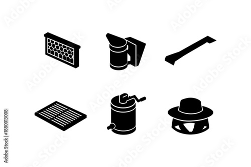 Beekeeping tools silhouettes: smoker, hive, frame, scraper, veil