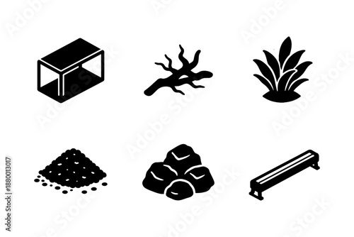 Minimalist black plants and minerals icons set for design projects