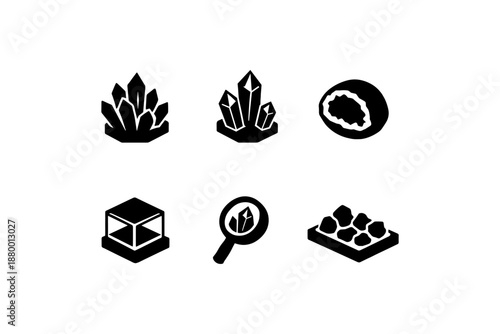 Silhouette icons of crystals and minerals for geology and gemstone enthusiasts