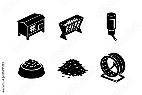 Silhouette icons of small animal housing and feeding equipment