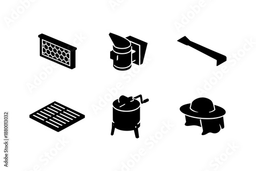Silhouette icons of beekeeping tools and equipment for modern apiaries