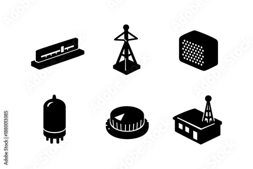 Retro communication icons set: radio, antenna, technology symbols in black silhouette style