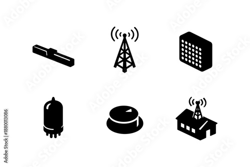 Communication icons: antenna, satellite, radar tower, solar panel, control knob in minimalist black style