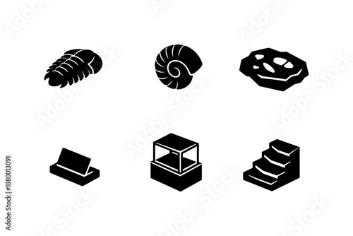 Silhouette icons of fossils and showcase objects in isometric style