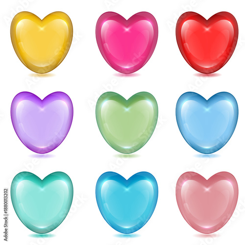 Set of nine 3D glossy heart icons in various colors. Realistic volumetric vector symbols for love, wedding, and social media.