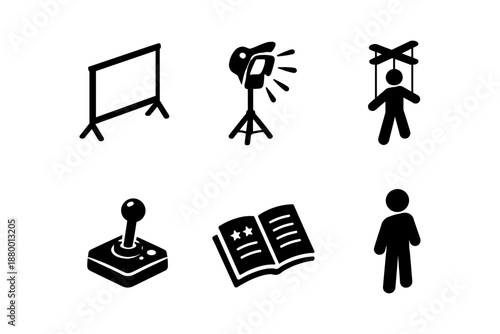Set of minimalist black icons representing theater, film, and entertainment elements