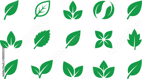 Vector Icon Set Of Green Leaves Featuring Diverse Foliage Shapes For Eco Friendly Design Nature Preservation Organic Products Sustainability Herbal Medicine And Environmental Branding
