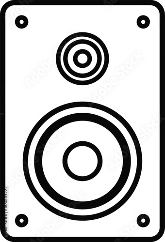 A simple line art illustration of a sound system speaker icon on a white background