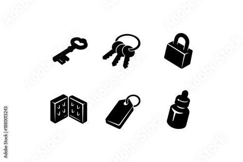 Black silhouette security icons: key, lock, padlock, tag, spray bottle, brick
