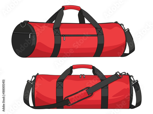 Red Duffle Bag Design Illustration, Graphic Art, Lifestyle, Indoor, Front and Side View, Fashion Concept