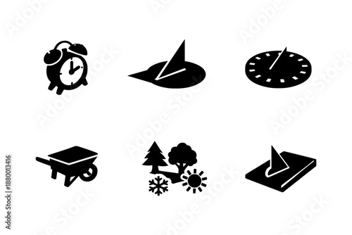 Silhouette icons of clocks and timepieces: sundials, alarm clocks, and more