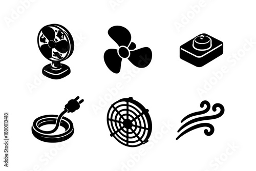 Silhouette icons of cooling devices and airflow elements in black and white