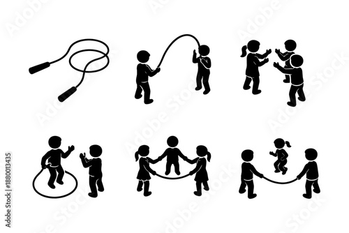 Silhouette of children playing with jump ropes and hula hoops