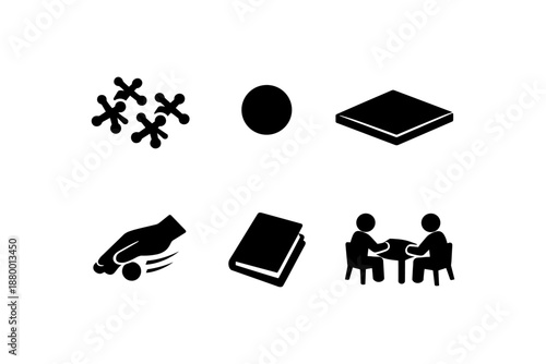 Classic board games icon set: jacks, checkers, and more in minimalist style