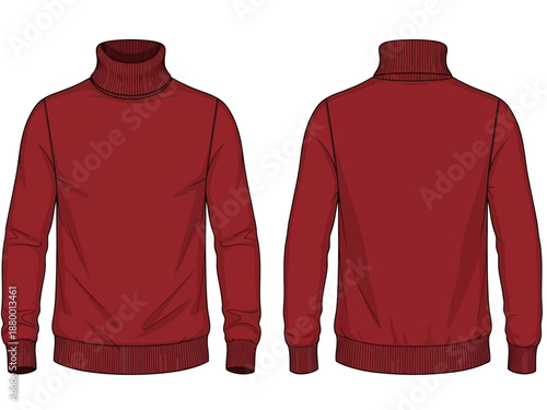Stylish Red Turtleneck Sweater Design, Apparel Mockup, Fashion Illustration, Cozy Environment, Front & Back View