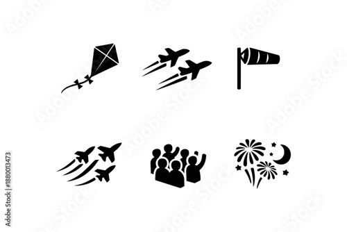 Silhouette icons of kites, jets, windsocks, crowds, and fireworks in motion