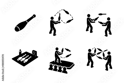 Silhouette juggling icons: performance and skill in simple black designs