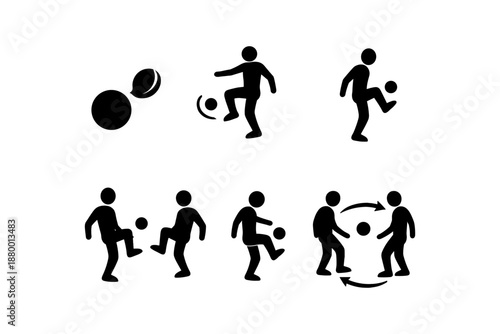 Silhouette soccer techniques set: kicking, dribbling, passing in action